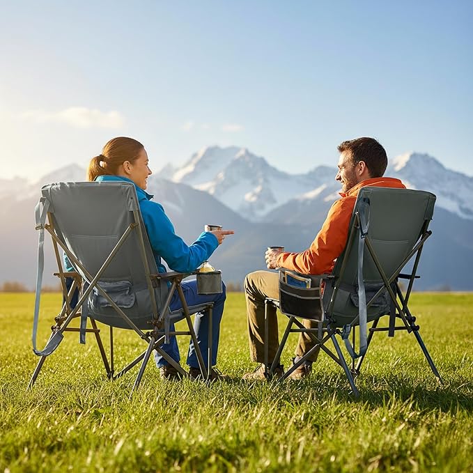 TIMBER RIDGE Oversized Camping Chair with Lumbar Support Portable Folding Chair Heavy Duty for Adults Supports 450 LBS for Outdoor Camping Lawn with High Back Cup Holder Side Pocket Grey