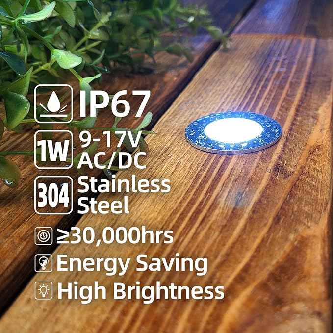 Low Voltage Deck Light 6-Pack 1W 80 Lumens Landscape Lighting φ35 mm Recessed LED Outdoor Step Stair Lights Full 304 Stainless Steel Deck Lighting Wired for Outside Yard (SG07 6-Pack 2700K)