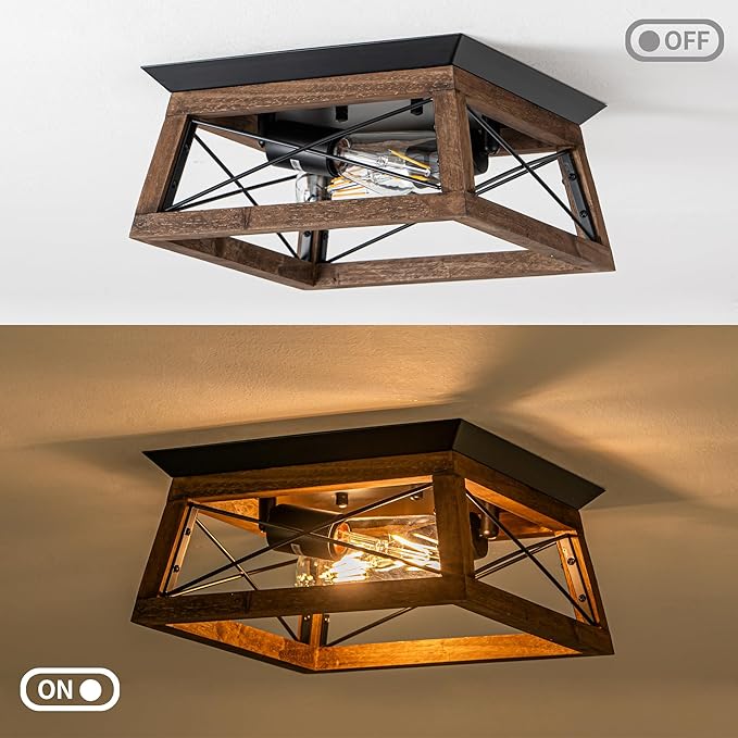 Farmhouse Ceiling Light 2-Light Flush Mount Light Fixture with Metal and Wood Design Rustic Light Fixture for Kitchen Entryway Hallway Bedroom