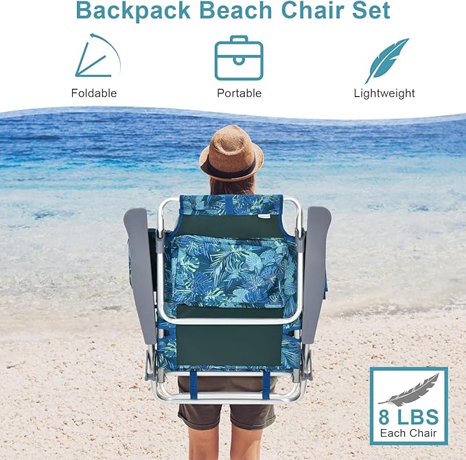 GYMAX Beach Chairs Backpack Camping Chair with Armrest Cooler Bag Cup Holder Towel Bar &amp Side Pockets Sunbath Sling Tanning Lounge Folding Layout Chair (4 Chairs Without Table Blue Leaves)