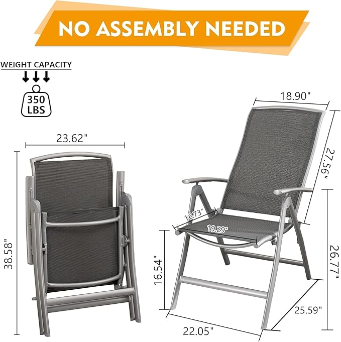 Patio Folding Chairs Set of 2 Aluminium Frame Outdoor Reclining Patio Chairs for Garden Camping Poolside Beach Deck Adjustable High Back Lawn Chairs with Textilene Fabric Seat Dark Gray
