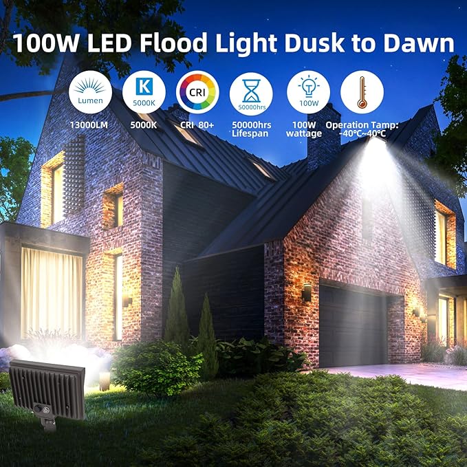 LED Flood Lights Outdoor 100W 13000LM IP65 Waterproof Adjustable Knuckle Mount LED Security Light800W Halogen Equiv5000K Daylight Dusk to Dawn Flood Light for Yard Garage2 Pack