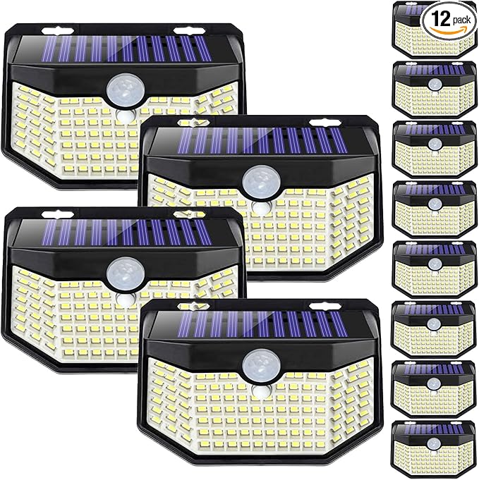 HMCITY 120 LED Outdoor Solar Lights with Motion Sensor and 3 Lighting Modes IP65 Waterproof Wide Solar Wall Lights Ideal for Garden Patio Yard (Front Button 12Packs Black Shell-Daylight White)