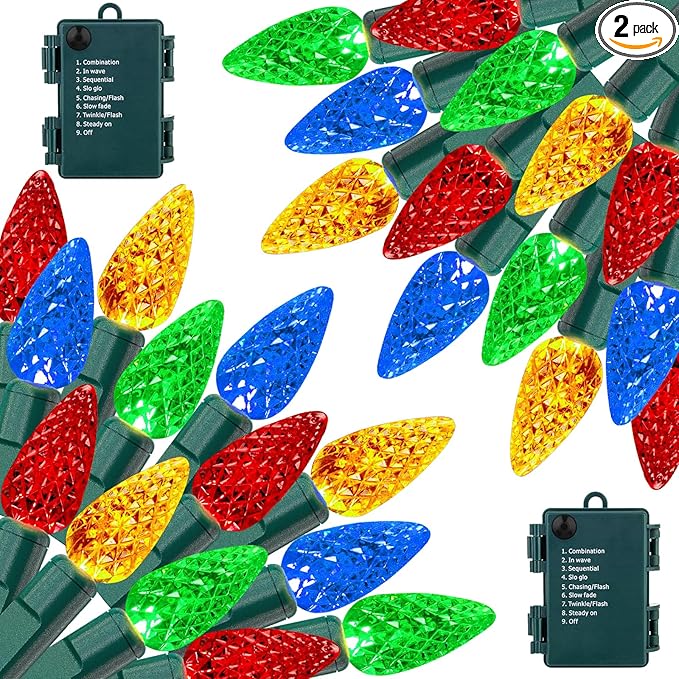 2 Pack 100LED C6 Christmas Lights Battery Operated 16.4FT C6 Christmas Lights Battery Powered with Timer 8 Modes Waterproof for Outdoor Garden Patio Indoor Xmas Tree Bedroom Party Multi-Color