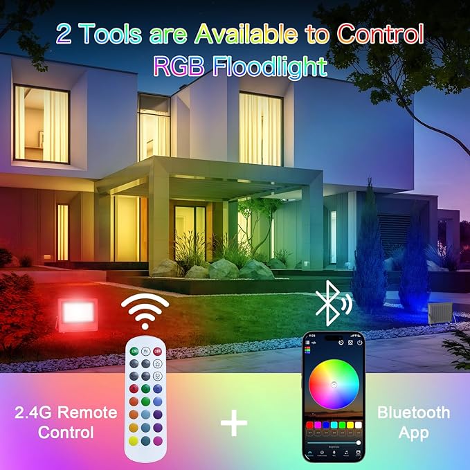 RGB LED Flood Lights Outdoor 50W (400W Equivalent) Color Changing Smart Lights 5000LM Bluetooth App &amp 2.4G Remote Control IP66 Waterproof Music Sync Timer 16 Million Colors(2-Pack)