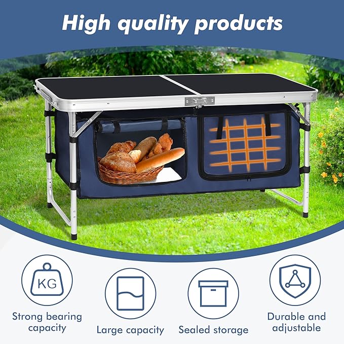 Camp Field Camping Folding Aluminum Table with Adjustable Legs for Outdoor Travel Beach Backyards BBQ Party and Picnic Foldable Table