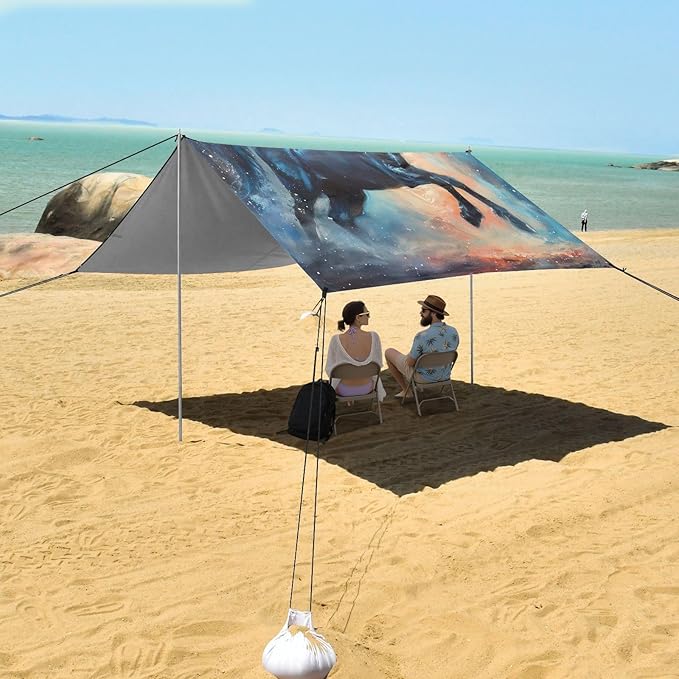 Drawing Galaxy Horse Beach Tent Sun Shelter 9.2' x 10.5' Beach Canopy with 4 Sandbags 4 Stability Poles Sand Shovels - Tent Canopy for Beach Camping Fishing Picnics