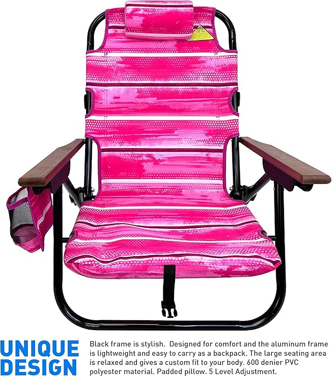 EasyGo Product Backpack Beach Chair 5 Positions and Cup Holder Pouch on Side Padded Pillow Storage Bag on Back Lightweight Rustproof Aluminum Black Frame - 2 Pack Pink