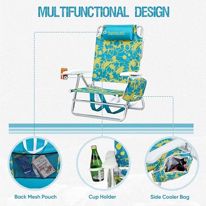 Old Bahama Bay Backpack Beach Chair 2 Pack Aluminum Lightweight Reclining 5-Position Lounge Chair for Adults Heavy Duty Support 400 LBS Portable Folding with Cooler Bag Camping Chair for Sand Outdoor