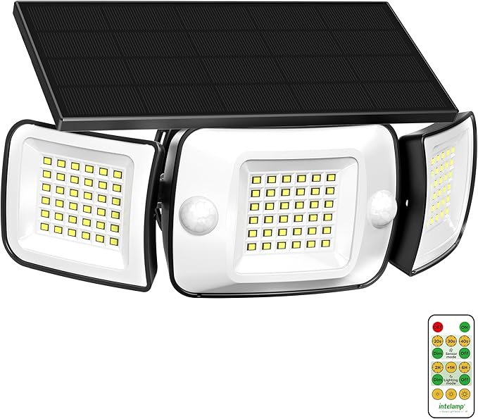 intelamp Solar Flood Lights Outdoor Waterproof 6000mAh 1200LM Solar Powered Dual Motion Sensor LED Lighting Dusk to Dawn Security Floodlight Exterior with Remote for Outside Garden House Yard Porch