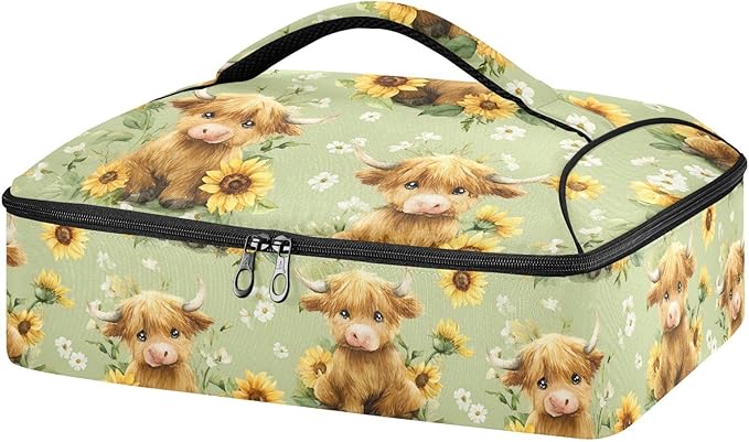 Casserole Carrier Watercolor Pattern Adorable Highland CowsInsulated Casserole Carrier for Hot or Cold Food Thermal Lunch Tote for Potluck Parties Picnic Fits 9 x 13 Inches Baking Dish