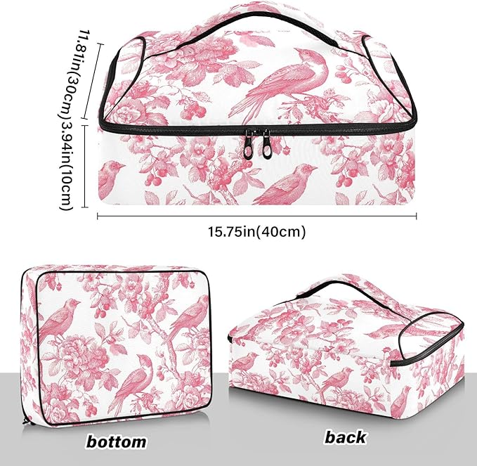 Casserole Carrier Pinkish Birds and Flowers PatternInsulated Casserole Carrier for Hot or Cold Food Thermal Lunch Tote for Potluck Parties Picnic Beach Fits 9 x 13 Inches Baking Dish