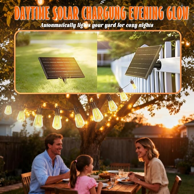 Outdoor Solar Waterproof Light String 50FT Wire and 25+1 LED shatterproof Bulbs dimmable Light Cannon with Remote Control Suitable for Courtyard Terrace Balcony Party Decoration Lighting