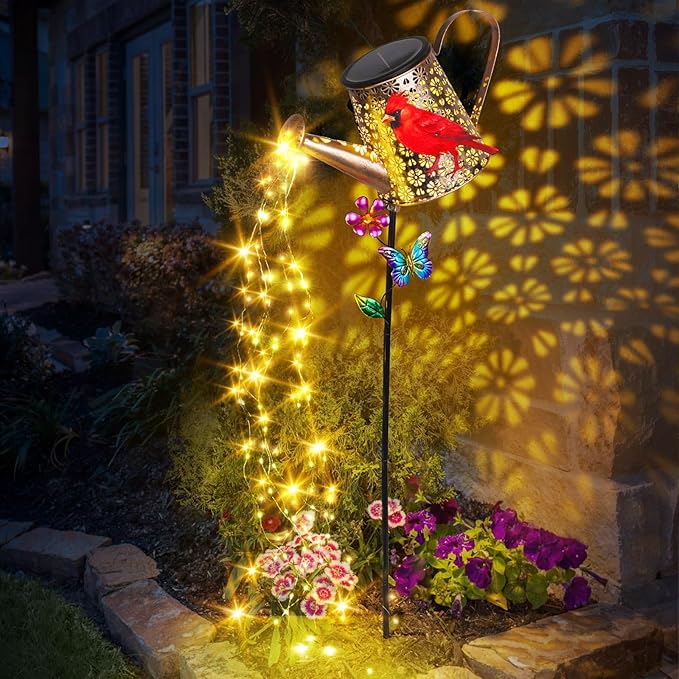 Solar Watering Can with Lights Outdoor Garden 41in Large Red Cardinal Garden Stake Lights Waterproof Decoration for Yard Lawn Pathway Gifts for Mom Grandma Women Birthday Gardening Gift