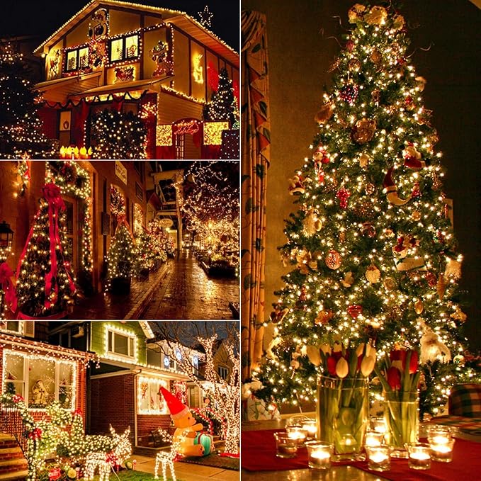 2 Pack 100 LED Outdoor Christmas Lights 35FT Battery Operated Mini String Lights with 8 Modes &amp Timer Xmas Tree Lights Waterproof for Patio Garden Party Wedding Holiday Decor Warm White