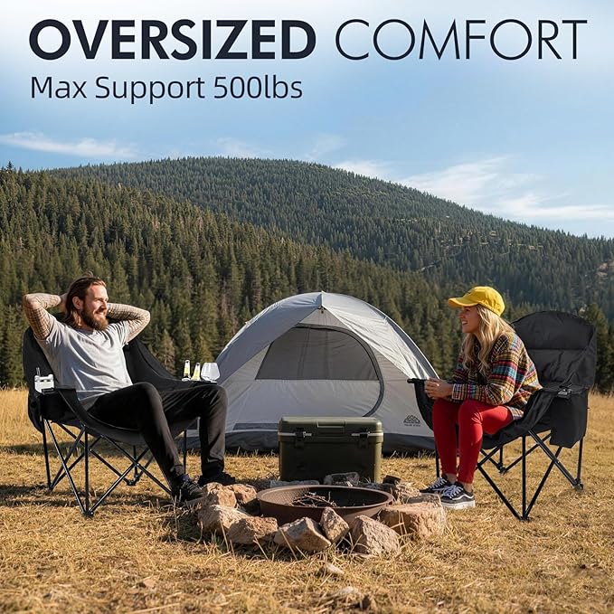 Oversized Camping Chair for Adults - Heavy Duty Outdoor Padded Large Lawn Camp Chair with Cup Holder Cooler Pockets for Sports Beach Fishing Garden Portable Supports 500lbs AllBlack 2 Pack