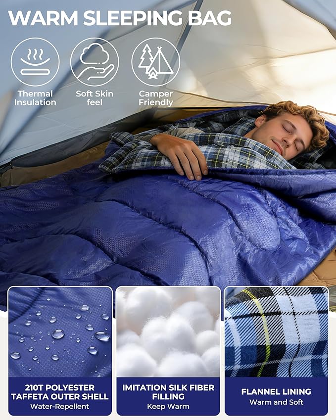 Sportneer 0 Degree Sleeping Bag for Cold Weather XL Winter Sleeping Bag for Adults Flannel Lined Camping Sleeping Bag 32°F–59°F Rated 87 x 33.5 4.4 lbs Detachable Hood Compression Sack
