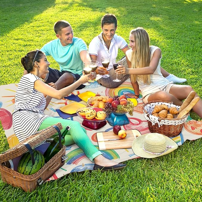 Waterproof Sandproof Beach Blanket 59''×68'' Summer Bash Polyester Outdoor Picnic Blanket with 4 Stakes &amp Storage Bag for BeachCampingVacation Beige