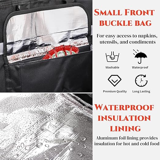 Food Delivery Backpack Insulated Reusable Pizza Delivery Bag with 4 Cup Holder Waterproof Thermal Catering Bags Reflective Strip for Delivery Bike Hot Cold Food Camping