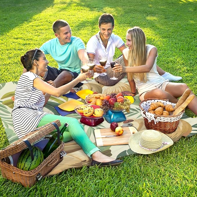 Waterproof Sandproof Beach Blanket 59''×68'' Sloth Polyester Outdoor Picnic Blanket with 4 Stakes &amp Storage Bag for BeachCampingVacation Leaves