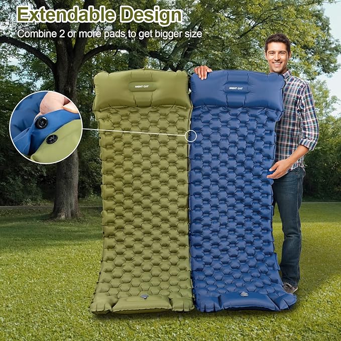 Night Cat Inflatable Sleeping Pads Mat Bed with Pillow Foot Pump for Camping Backpacking Hiking Ultra-Light Compact Comfortable Extendable 77x25.5