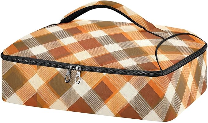 Casserole Carrier Orange Brown Tartan Insulated Casserole Carrier for Hot or Cold Food Thermal Lunch Tote for Parties Picnic Travel Carry Bag