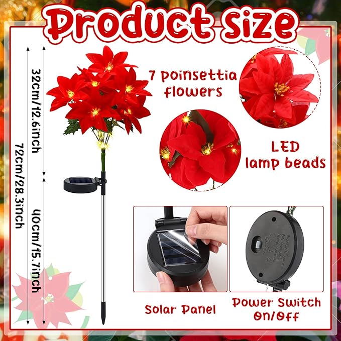 VIHOSE 4 Pcs Christmas Solar Flowers Lights Artificial Poinsettia Landscape Waterproof Solar Poinsettia Lights for Outdoor House Yard Lawn Patio Garden Pathway Christmas Party Supplies (7 Flowers)