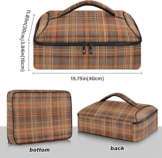 Casserole Carrier Orange and Brown Tartan Pattern Print Insulated Casserole Carrier for Hot or Cold Food Thermal Lunch Tote for Parties Picnic Travel Carry Bag