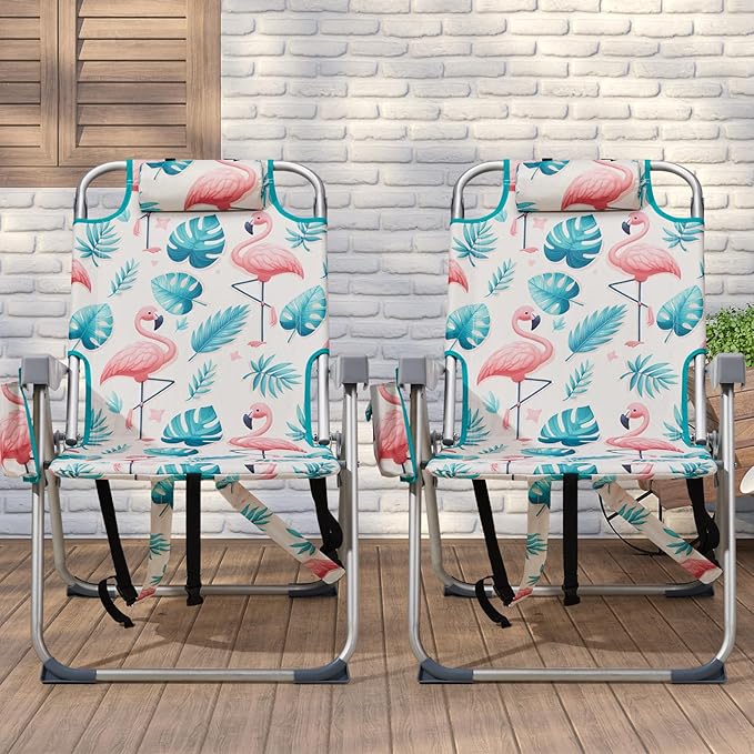 Tall Beach ChairFolding Tall Backpack Beach Chair with 5 PositionsLightweight Camping Chairs with Cooler BagCup HoldersTowel BarPortable Lawn Chair for Adults (Flamingo)