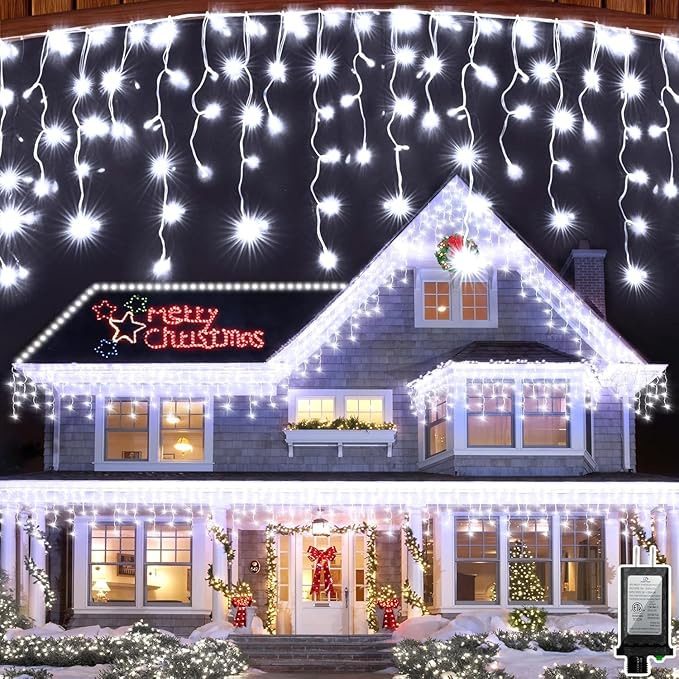 1296 LED 131FT Christmas Lights 288 Drops Outdoor Hanging lights with 8 Modes &amp Timer Plug in Curtain String Light Outdoor Waterproof for House Tree Holiday Wedding Party Outside Decor (Cool Whi