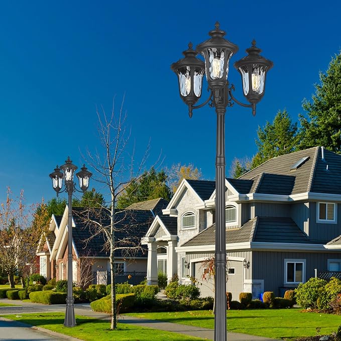 Outdoor Lamp Post Light Black Outside High Pole Light 3-Head Waterproof Modern Exterior Street Lamp Road Lighting Fixture for Garden Backyard Patio Lawn Pathway Driveway