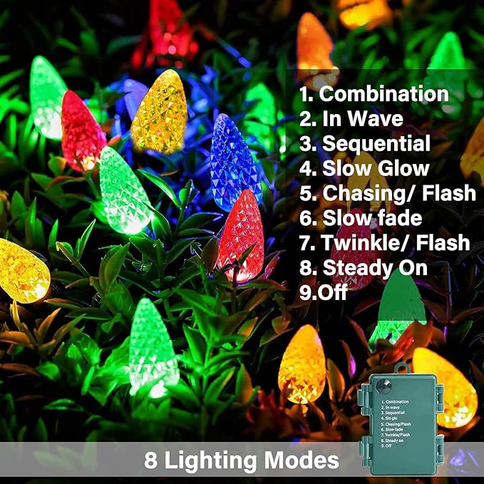 50LED C6 Christmas Lights Battery Operated 16.4FT C6 Christmas Lights Battery Powered with Timer 8 Modes Waterproof for Outdoor Garden Patio Indoor Xmas Tree Bedroom Party Multi-Color
