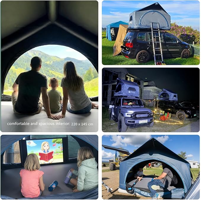 PlayDo Air Tents for Camping Rooftop Tent Easy Setup Inflatable Roof Tent Blow Up Car Top Tent for Pickup Truck SUV with Strip Light Ladder Air Mattress