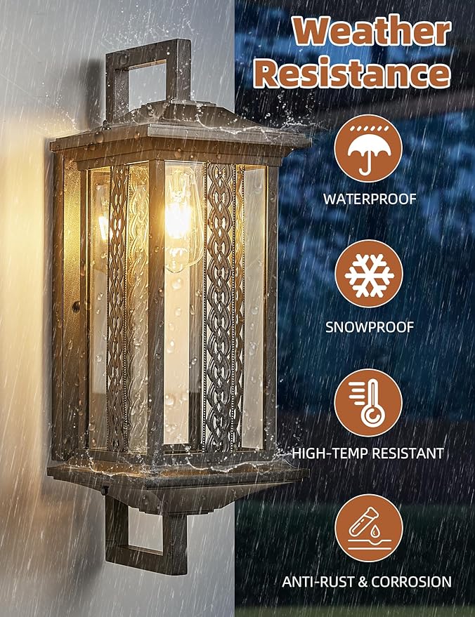 22.5”H Extra Large Outdoor Wall Light Dusk to Dawn Porch Light Fixtures Wall Mount Waterproof Exterior Wall Lamp Sconce with Tempered Glass Outside Carriage Light Perfect for Patio Garage Front Door