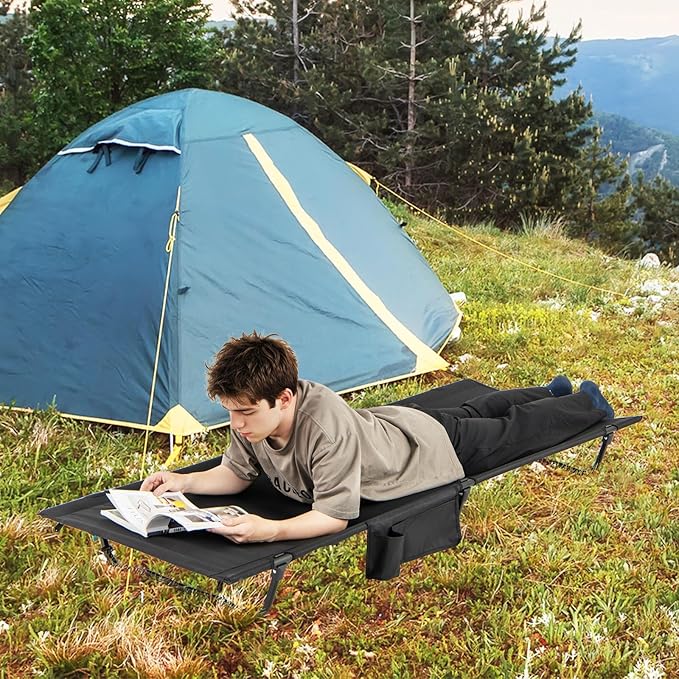 GYMAX Ultralight Camping Cot for Adults Portable Folding Camping Bed w/Side Pocket Carry Bag Compact Sleeping Cot for Outdoor Backpacking Travel Hiking Mountaineering Home Beach Supports 330 LBS