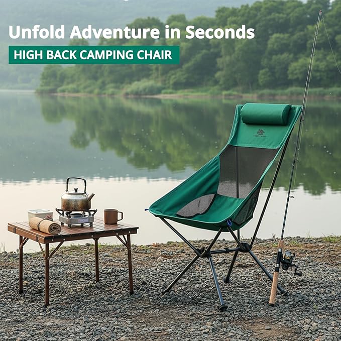 CAMEL CROWN High Back Camping Chair with Pillow Design Folding Compact Backpacking Chair Stable Portable Chair for Outdoor Camp Travel Beach Picnic Festival Hiking