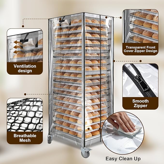 Speed Bun Pan Sheet Rack Cover with ZipperFit 20 Tier Commercial Bread Rack Cover for Bakery Racks23x28x61 Clear PVC Waterproof &amp Dust proof Cover with Breathable Mesh Vent