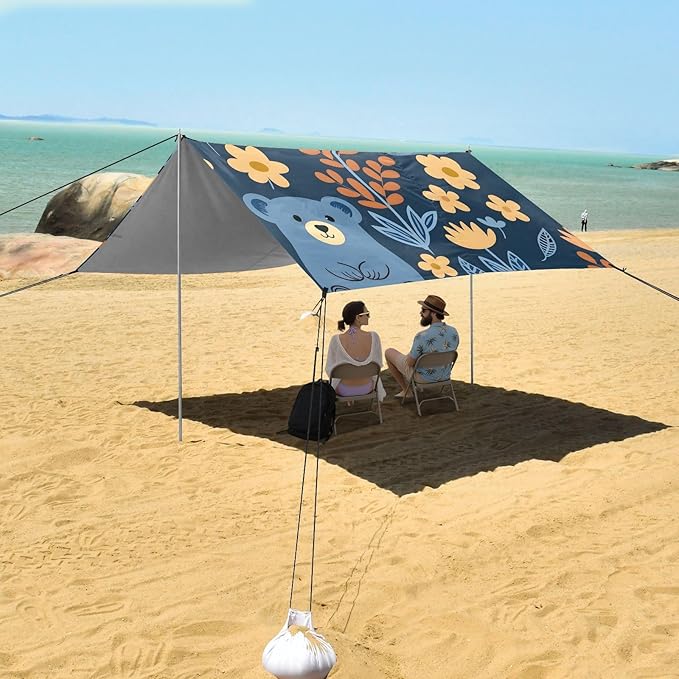 Bear and Flower Camping Sun Shelter Beach Tent Portable Beach Sun Shade Outdoor Canopy for Camping Trips Fishing Picnic