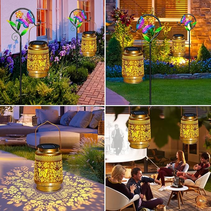 Butterfly Solar Lanterns Outdoor WaterproofGarden Decor Gifts for Women Mom GrandmaHanging Solar Lights with Sheep Hook for Yard Patio Pathway Porch