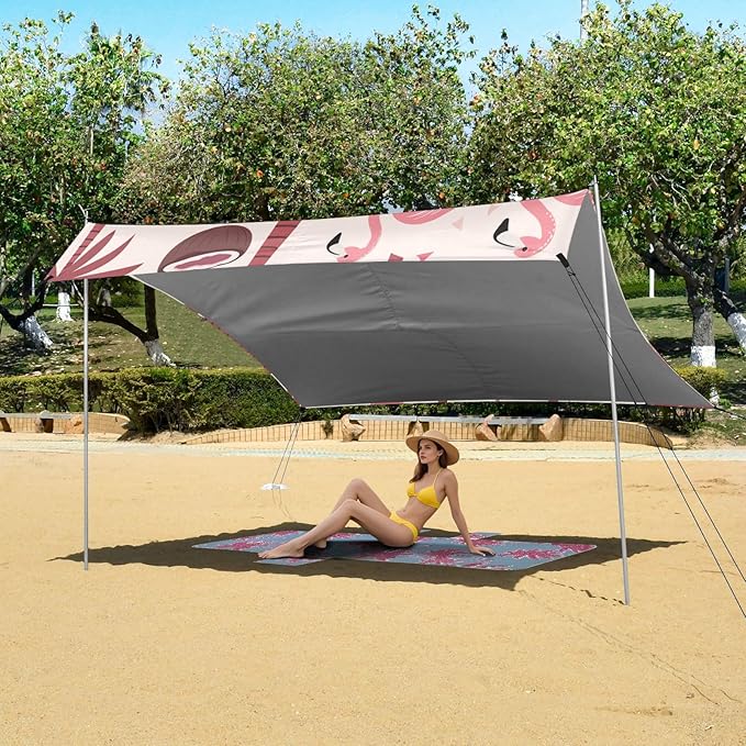 Beach Tent Sun Shelter Coconut Trees Flamingos Lightweight &amp Easy Setup Beach Shade Canopy for Camping Fishing