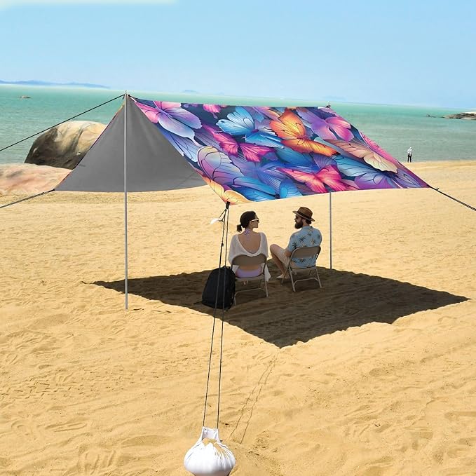 ALAZA Rainbow Butterflies Beach Tent Sun Shelter UPF50+ Protection Beach Shade Canopy w/ 4 Sandbags for Outdoor Camping Fishing Backyard Fun Picnic 10x9 ft