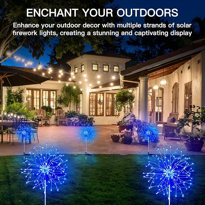 suddus Solar Garden Lights Outdoor Waterproof Decorative 2Pack 150LED Firework Lights Solar Fairy Lights for Yard Garden Party Patio Pathway Flowerbed - Blue