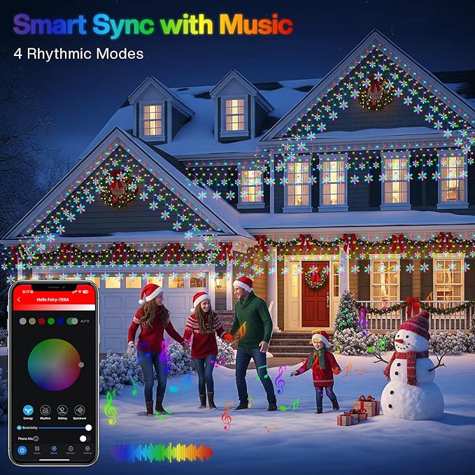 16FT Smart Icicle Lights with Snowflake for Outside App Control DIY Color Changing 16 Drops 208LEDs Outdoor Christmas Lights Plug In Window Curtain Light for Room Roofline Eaves Patio