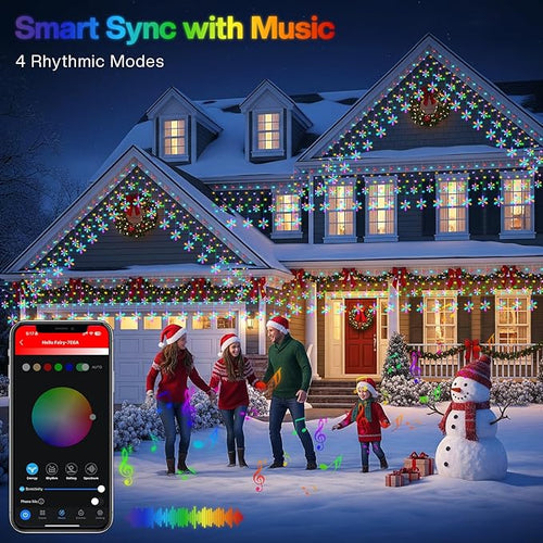 16FT Smart Icicle Lights with Snowflake for Outside App Control DIY Color Changing 16 Drops 208LEDs Outdoor Christmas Lights Plug In Window Curtain Light for Room Roofline Eaves Patio