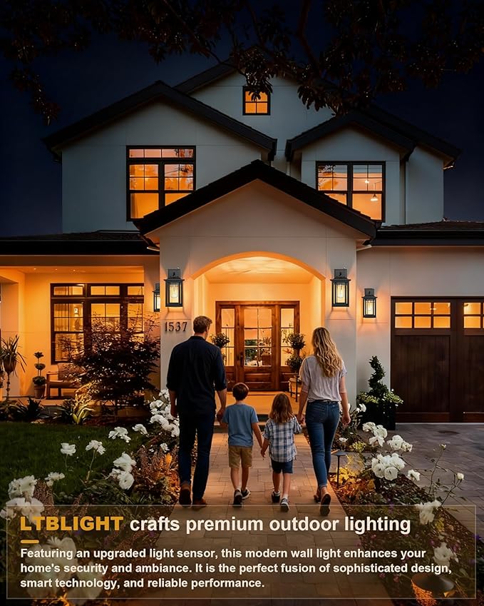 LTBLIGHT Dusk to Dawn Outdoor Lighting Modern Black Waterproof Exterior Wall Sconce Sensor Front Porch Lights with E26 Base for House Garage Patio Front Door 120V