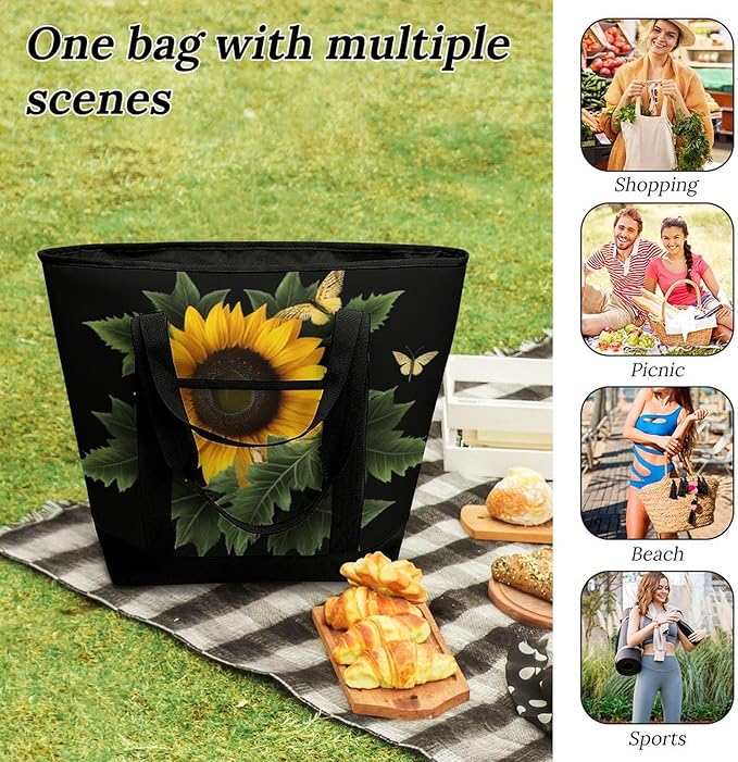 Insulated Shopping BagLarge Reusable Cooler Bags Weed with Sunflower Printed Foldable Shopping BagTravel Waterproof Shoulder Bag