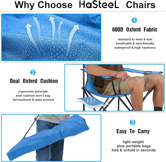 HaSteeL Foldable Camping Chair Set of 2 Folding Camp Chairs &amp Carrying Bags for Adults Portable for Lawn Outdoors Fishing Hiking Travel Picnic Beach Oversized &amp Supports 275lbs (Blue)