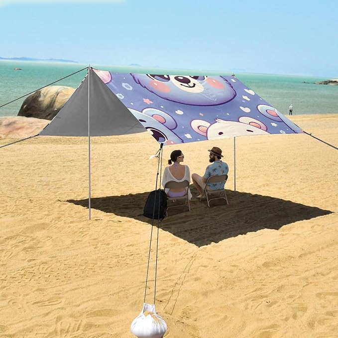 Cute Cartoon Bear Face Design Camping Sun Shelter Beach Tent Portable Beach Sun Shade Outdoor Canopy for Camping Trips Fishing Picnic