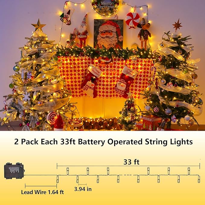 YEGUO Christmas Lights Battery Operated 2 Pack Each 33ft 100 LED Warm White String Lights Outdoor Waterproof 8 Modes Green Wire Fairy Light Indoor with Remote