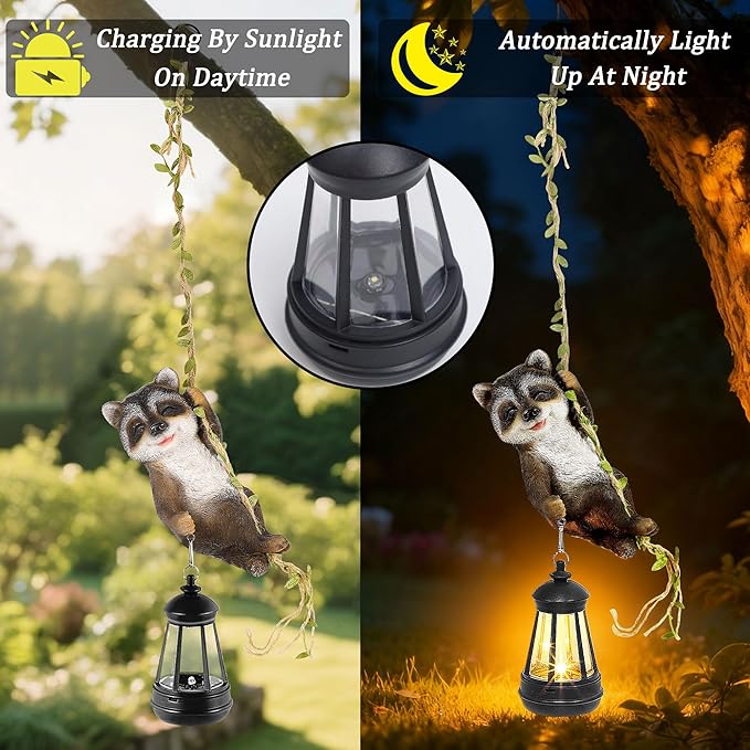 Solar Hanging Raccoon Statue Outdoor Resin Animal Figurine with LED Lights for Garden Fence Porch Patio Yard Decor Dusk to Dawn Auto On/Off